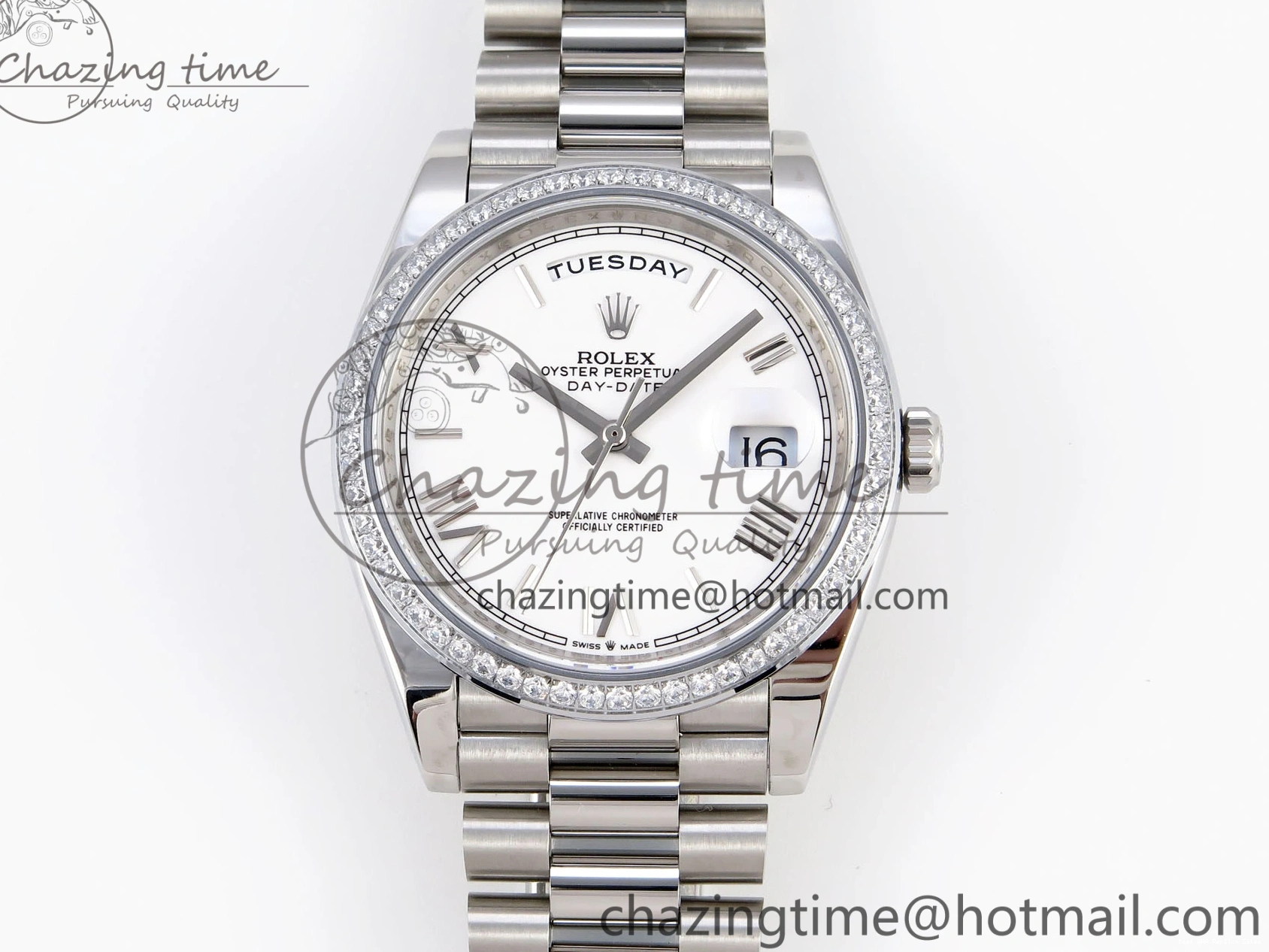 Good Copy Rolex Watches GSF Dial Bezel White Sustainable A 1920 40 SS Roman on Weight DayDate Diamonds Bracelet Gain President 1227